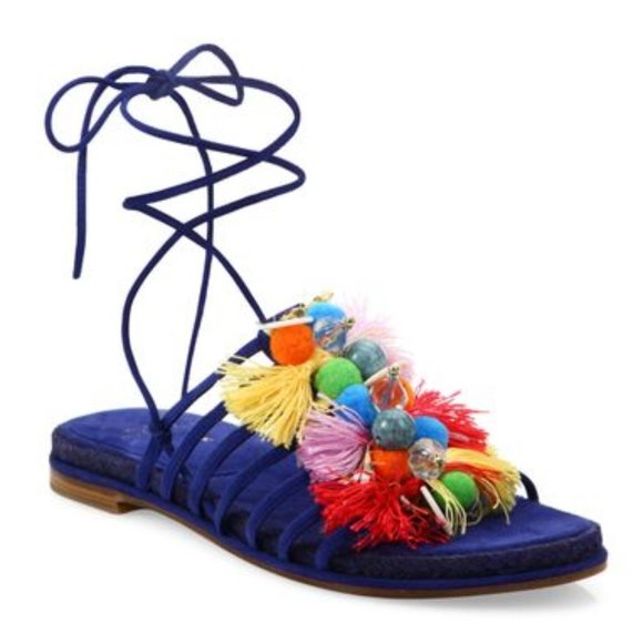 Stuart Weitzman Blue Noodle Flat Ankle-Tie Suede Sandals Colorful 7.5